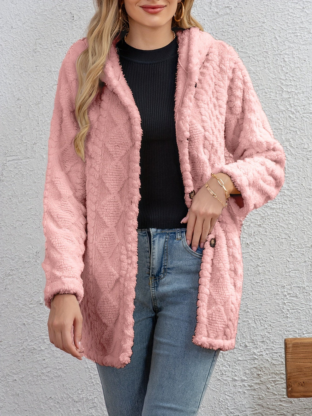 Drune | Fluffy Kapuzenjacke mit Knöpfen Polyester Weich und Warm