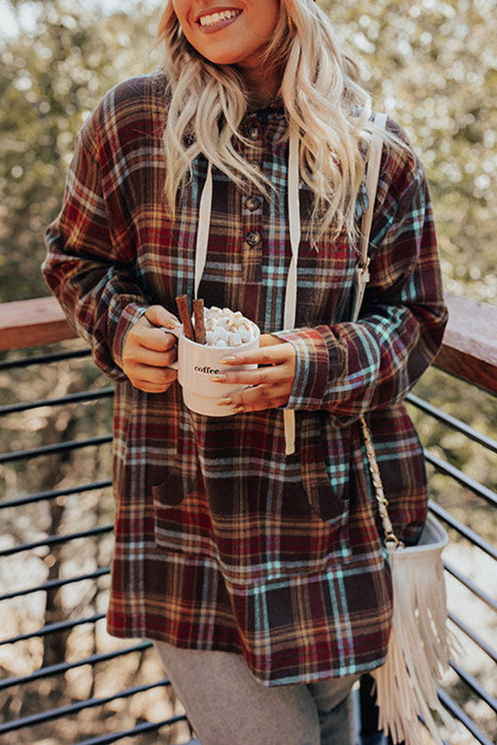 Drune | Feuerrote Plus-Size Karokängurutaschen Kapuzenpullover mit Kordelzug