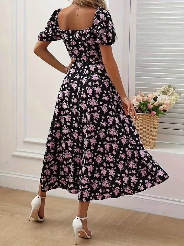 Drune | Schickes Kleid mit Puffärmeln Im A-Linien-Stil mit Blumendruck
