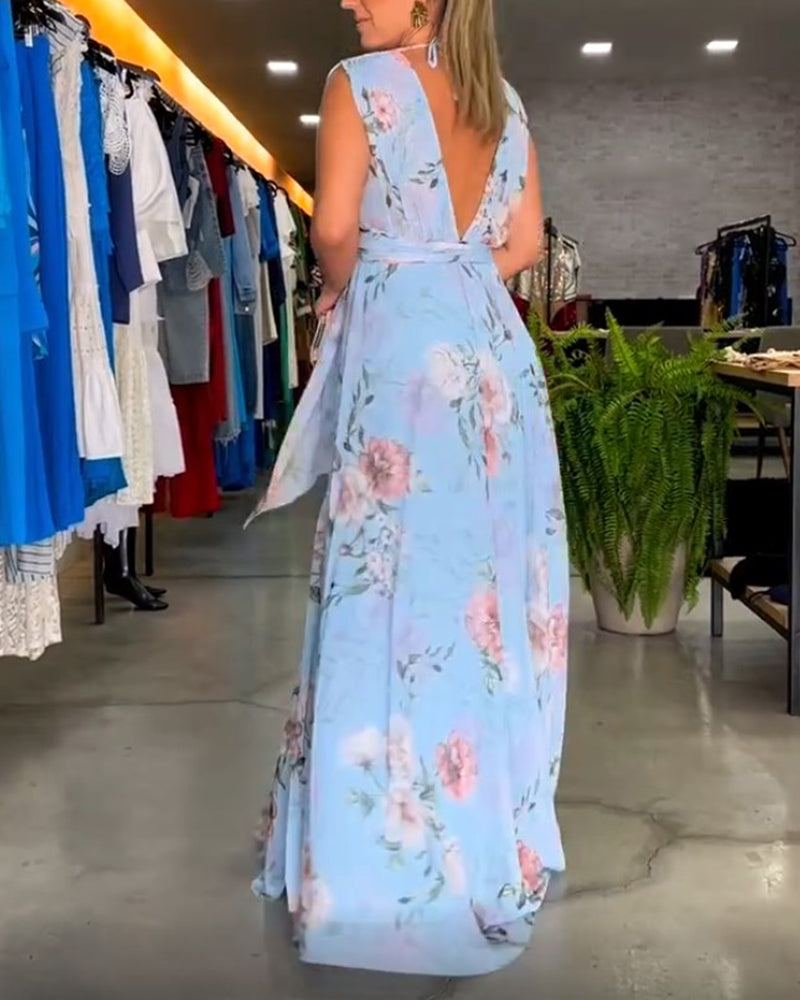 Drune | Elegantes Ärmelloses V-Ausschnitt Floral Druck Kleid