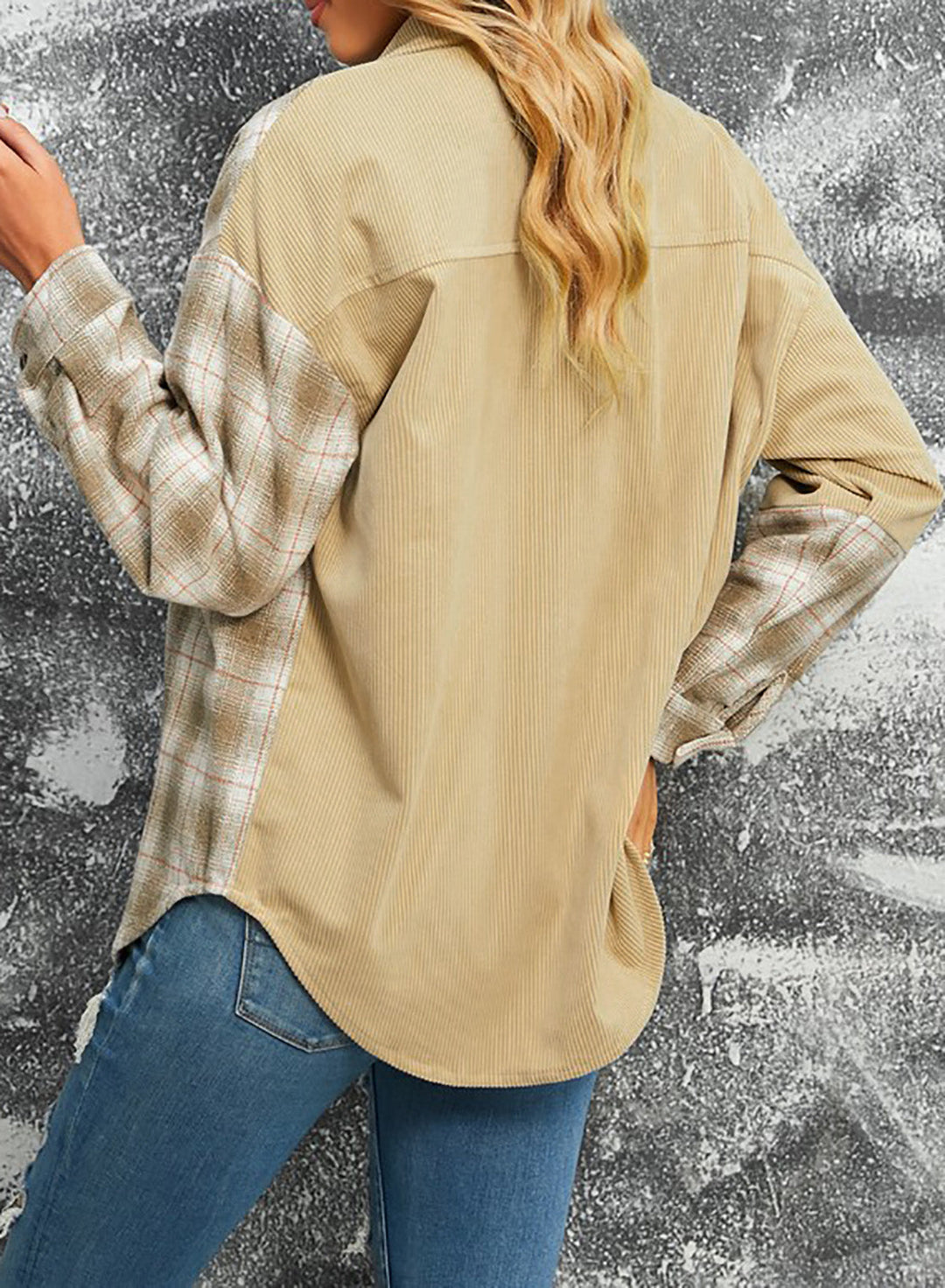 Drune | Karierte Farbblock Gefallen Schulter Corduroy Shacket
