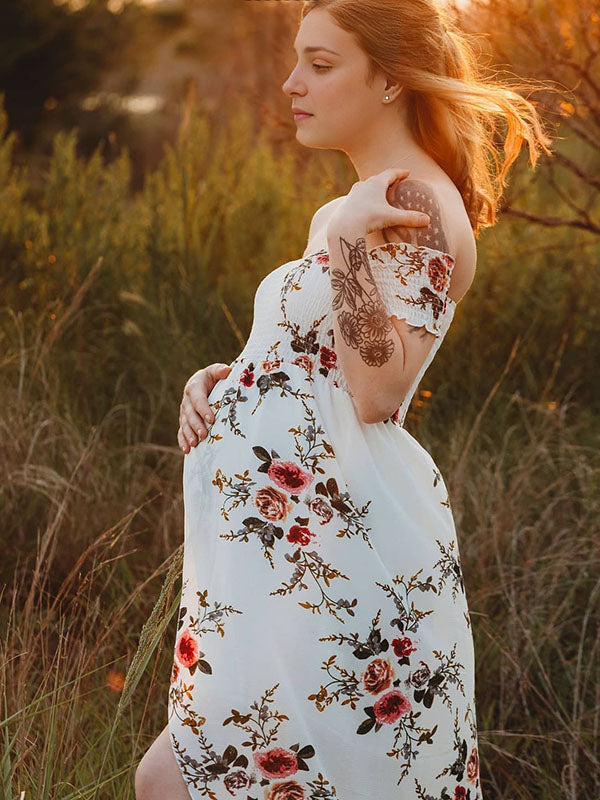 Drune Schwangerschafts-Chaps, Midi-Kleider für Fotoshootings, Blumendruck, Bandeau-Kleid mit seitlichem Schlitz, Weiß