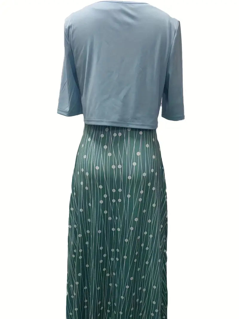 Drune – elegantes zweiteiliges blumenkleid-set mit einfarbigem crop-top und kleid mit rundhalsausschnitt