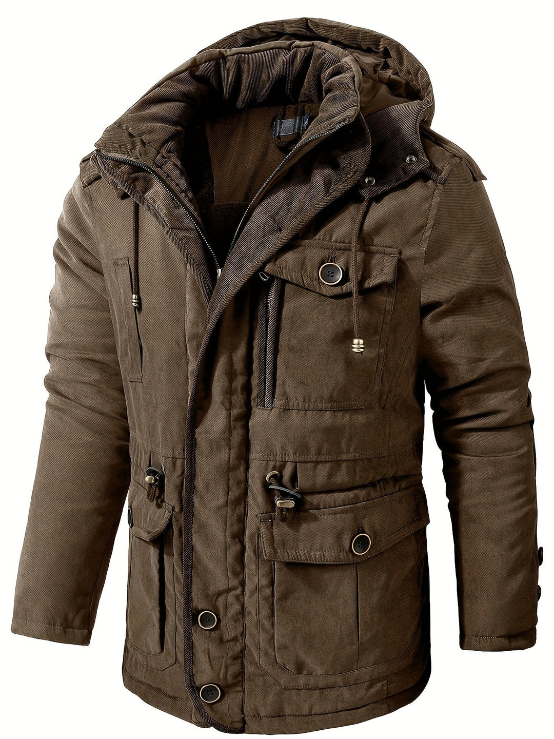 Drune | Warme Fleece Multi Taschen Kapuzen Cargo Winterjacke - Perfekt für Freizeitaktivitäten