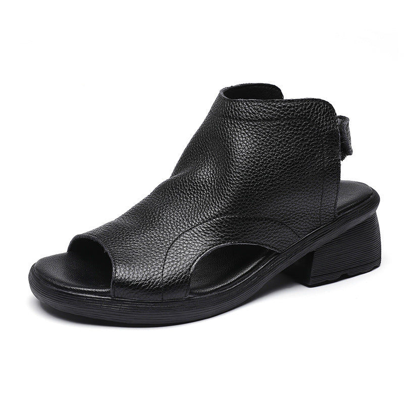 Drune | Echtes Leder Retro Künstlerische Damen Sandalen Mittelhoch Weiche Sohle