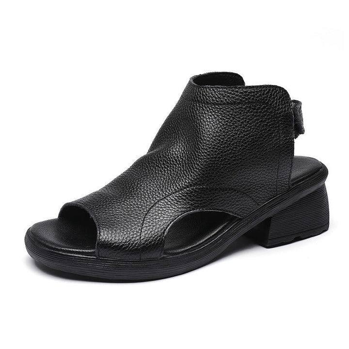 Drune | Echtes Leder Retro Künstlerische Damen Sandalen Mittelhoch Weiche Sohle