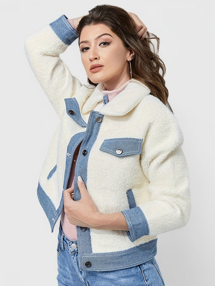 Drune | Kurze Teddyjacke mit Denimdetails Polyester und Baumwolle Trendy und Komfortabel