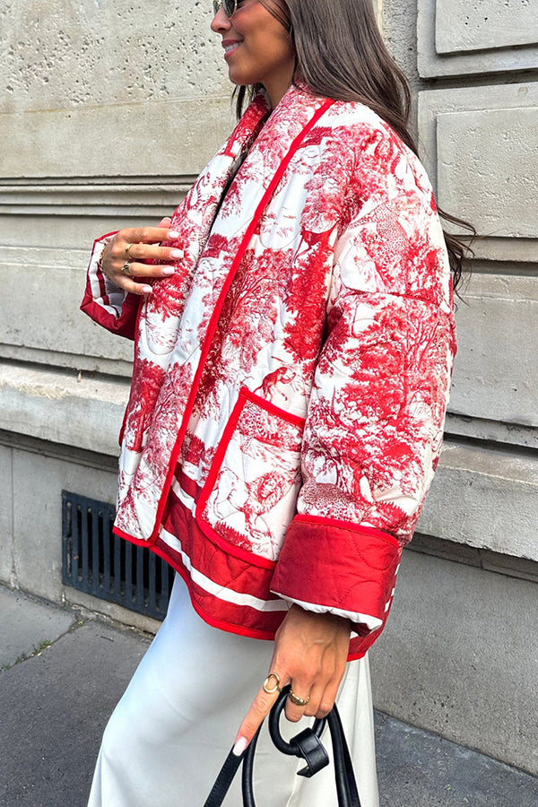 Drune | Songs Porzellan Tinte Bedruckte Tasche Gesteppt Baumwolle Kimono Jacke