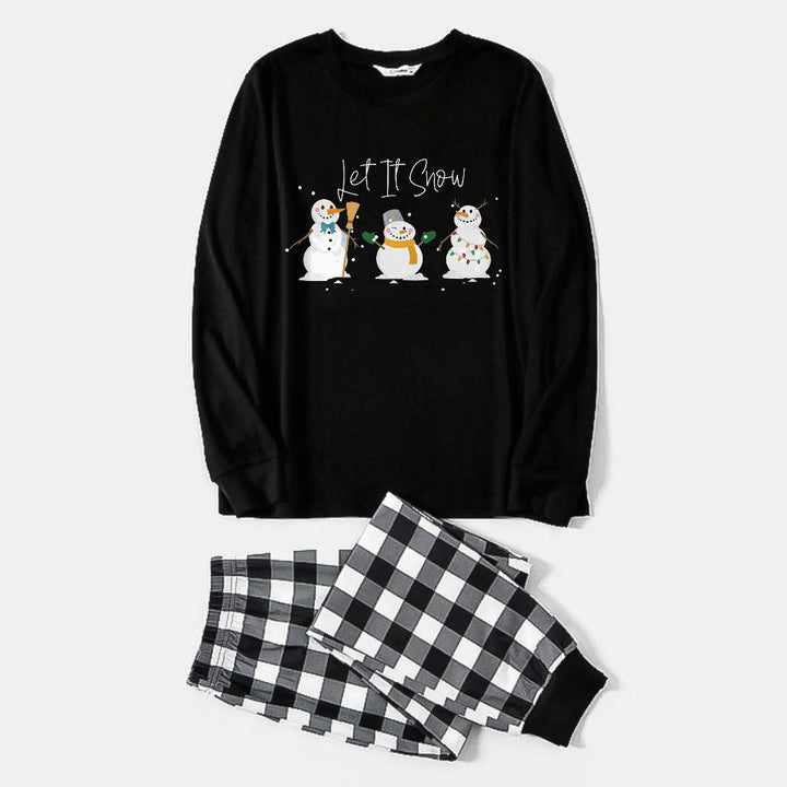 Drune | Paar Schwarz-Weiße Karierte Weihnachten Pyjama Set Mit Schneemann Und "Lasst Es Schneien" Cartoon Druck