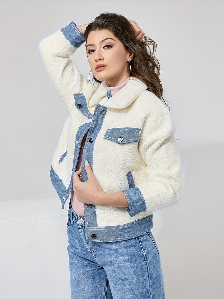 Drune | Kurze Teddyjacke mit Denimdetails Polyester und Baumwolle Trendy und Komfortabel