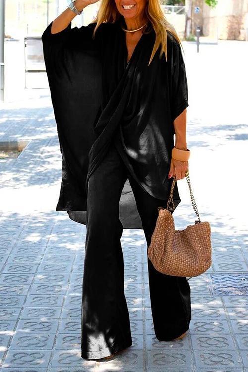 Drune | Rosiedress Cross Front Batwing Top Weite Beinhosen Baumwolle Leinen Set