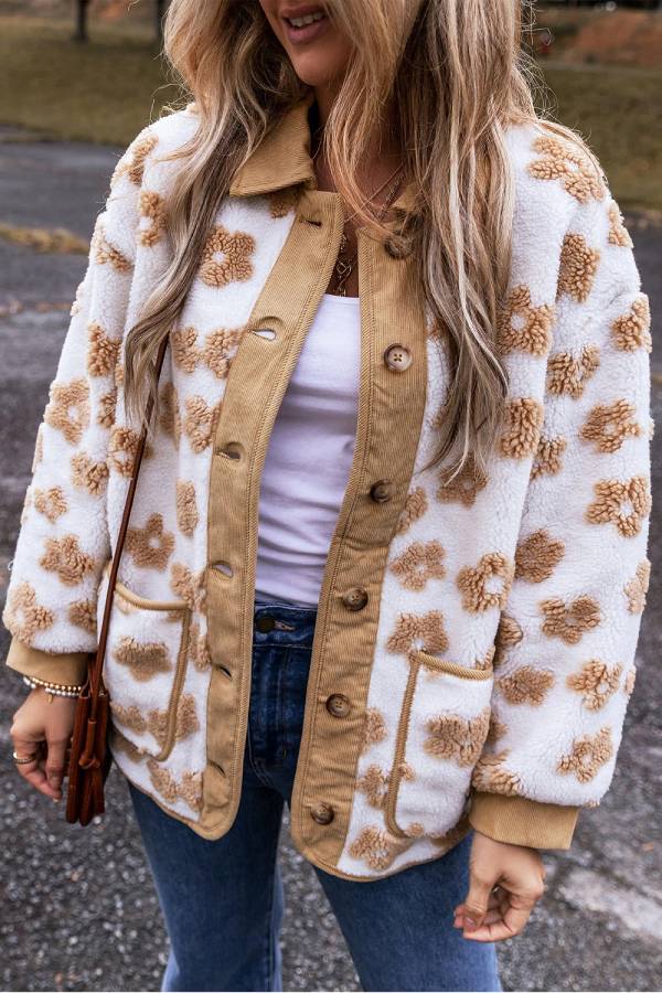 Drune | Französisches Beige Süßes Blumenmuster Knopfleiste Fleecejacke