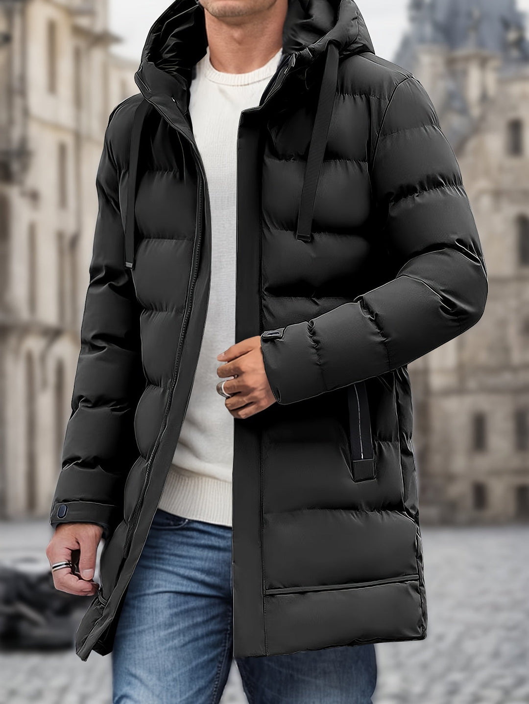Drune |  Kapuzen Baumwollmaterial Mit Großer Tasche Und Kordelzug Winterjacke Für Herren - Perfekt für Outdoor-Aktivitäten