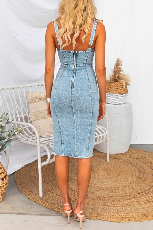 Drune | U-Hals Reißverschluss Schlitz Denim Bodycon Cami Kleid