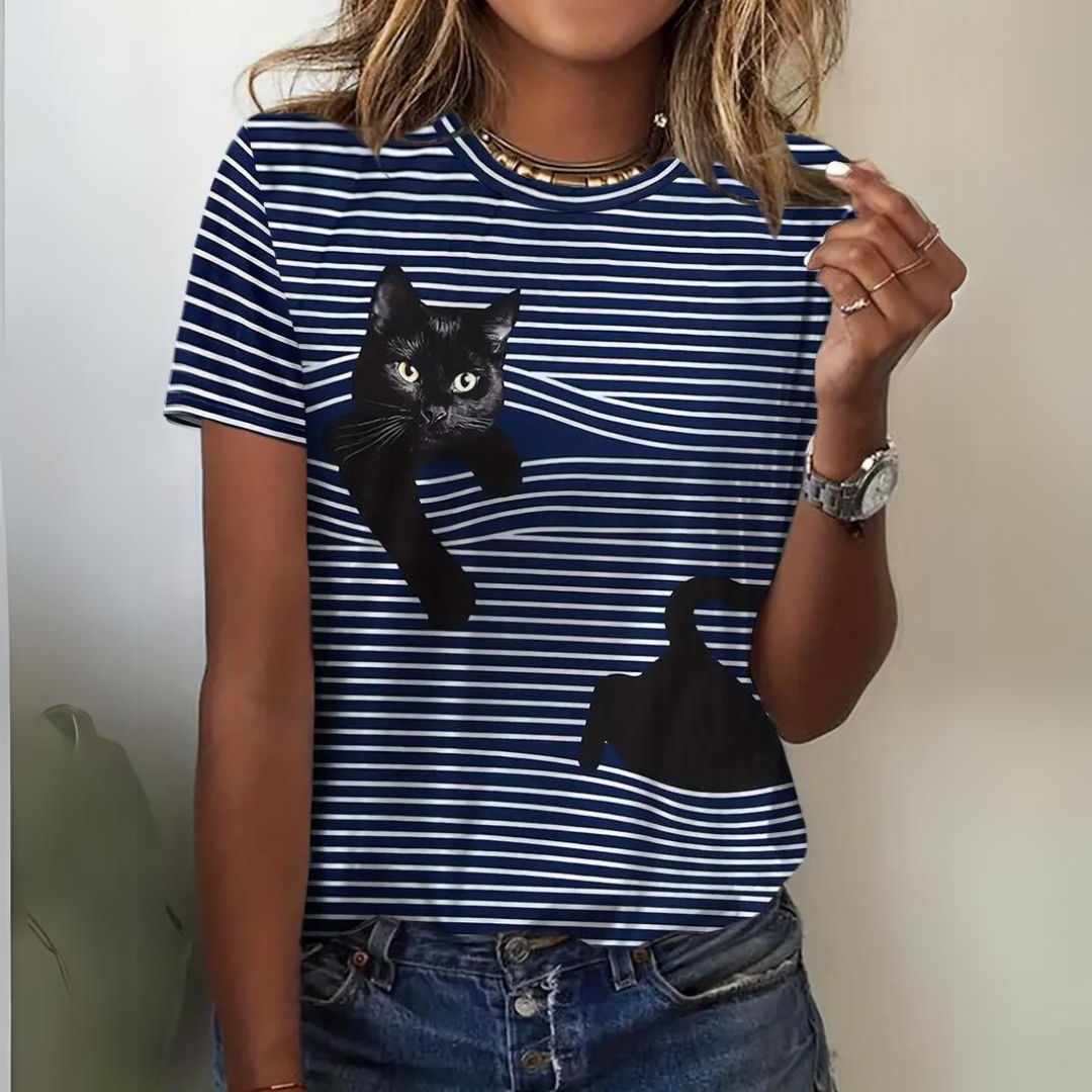 Drune | Elegantes Katzenmotiv-Shirt für Frauen