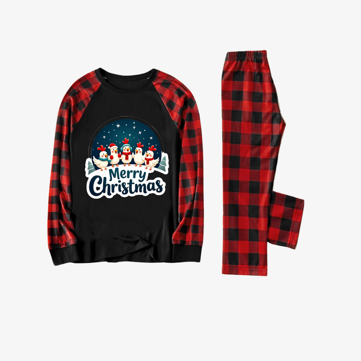 Drune | Rote und schwarze karierte Weihnachts-Pyjama-Set mit glücklichen Hühnern und "Frohe Weihnachten" Textdruck