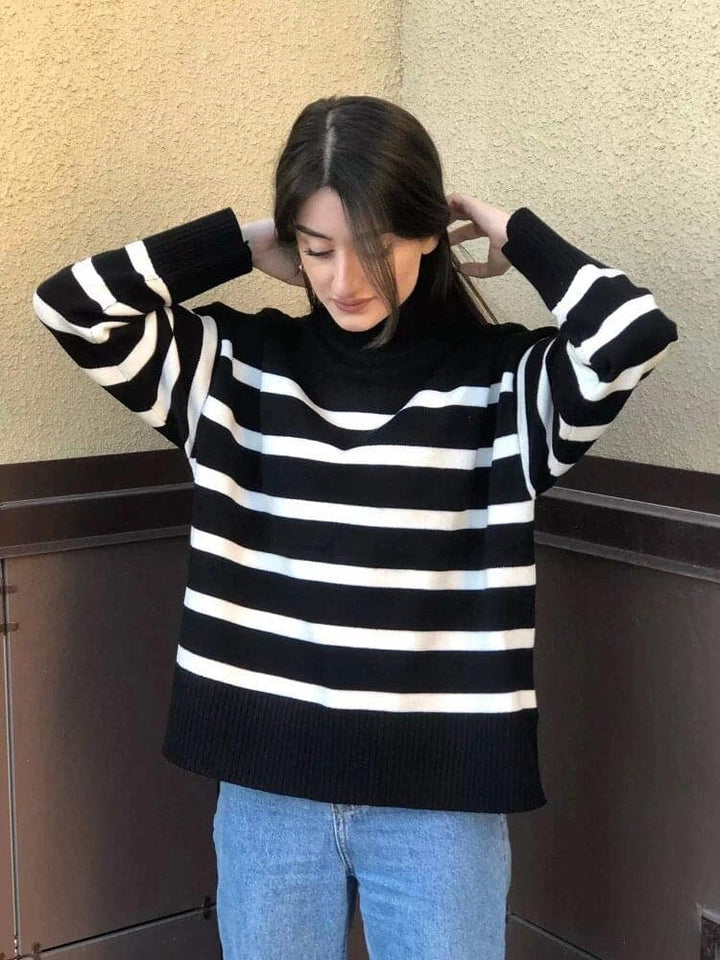 Drune | Strickpullover - Oversized Fit - Hoher Kragen - Weiche gestrickte Streifen