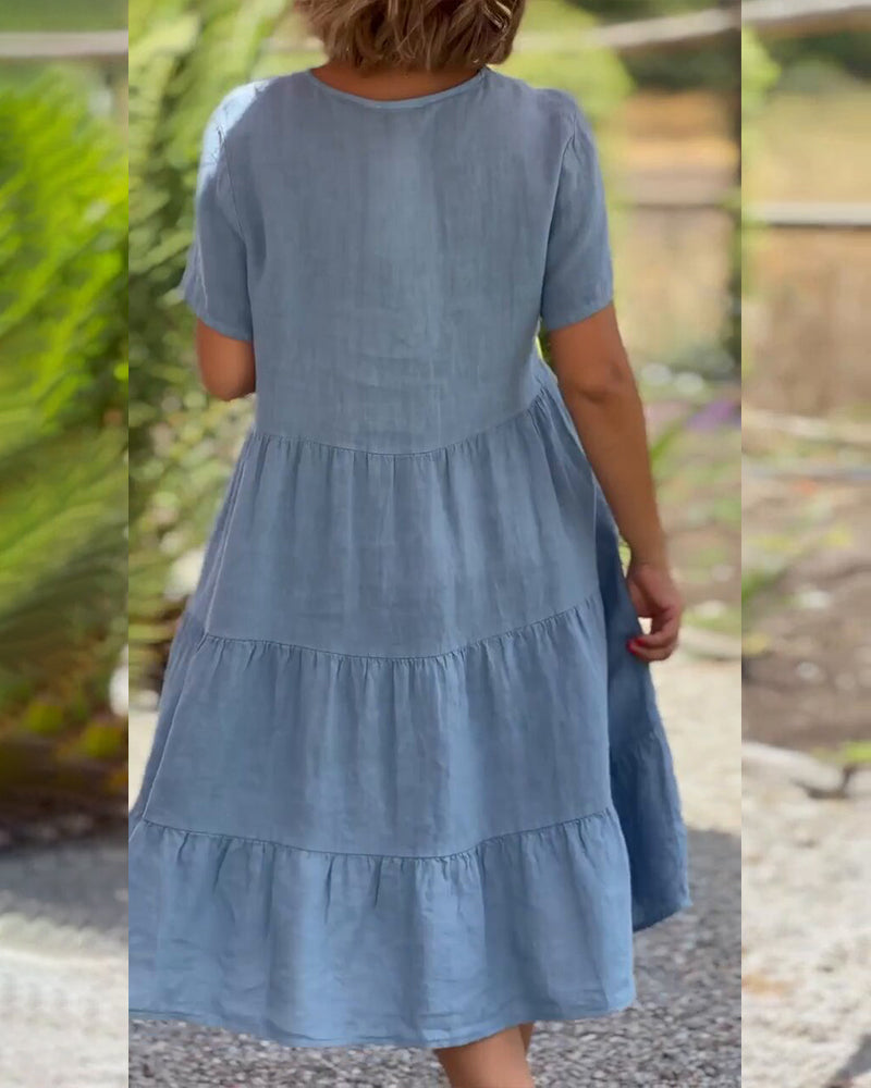 Drune | Einfarbiges Kleid aus Baumwoll-Leinen mit V-Ausschnitt