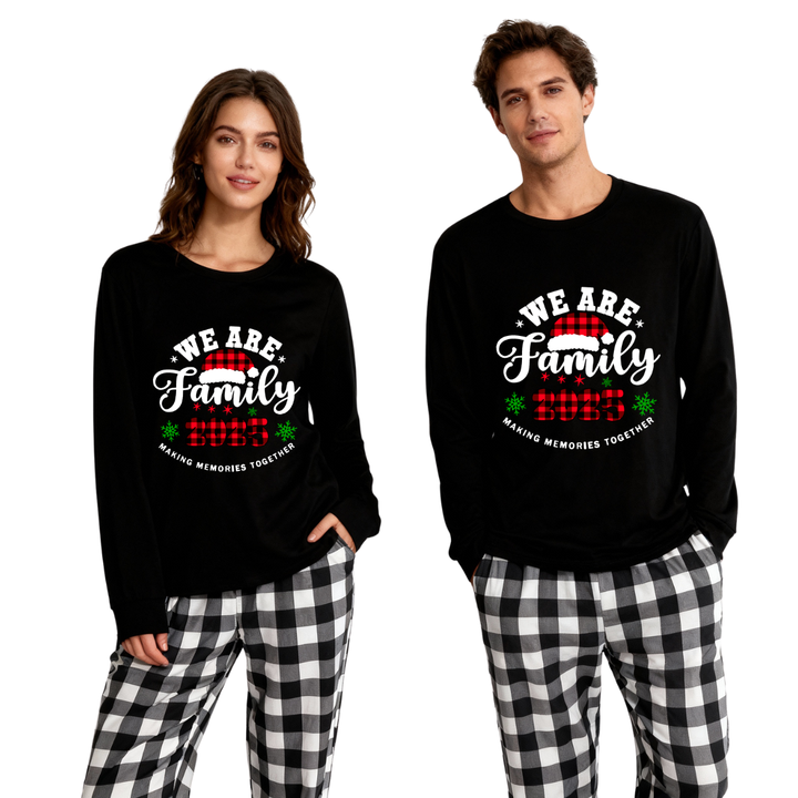 Drune | "Wir sind Familie2025" Santa Hut Monogramm Druck Schwarz Langarmshirt mit Schwarz-Weiß karierten Hosen Familien passende Pyjamas