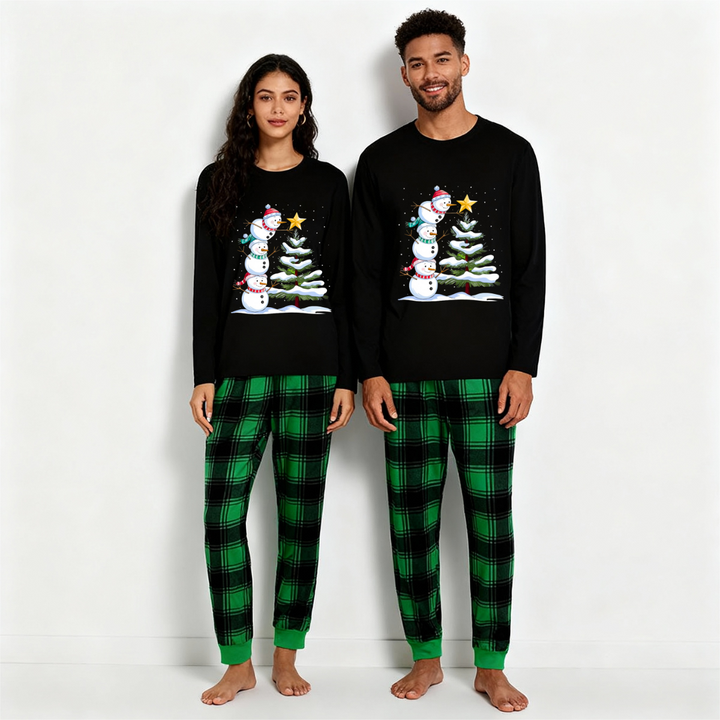 Drune | Weihnachtsfamilien-Pyjama-Set - Schwarzes Oberteil und grüne Karo-Hose mit Schneemann-Comic-Druck