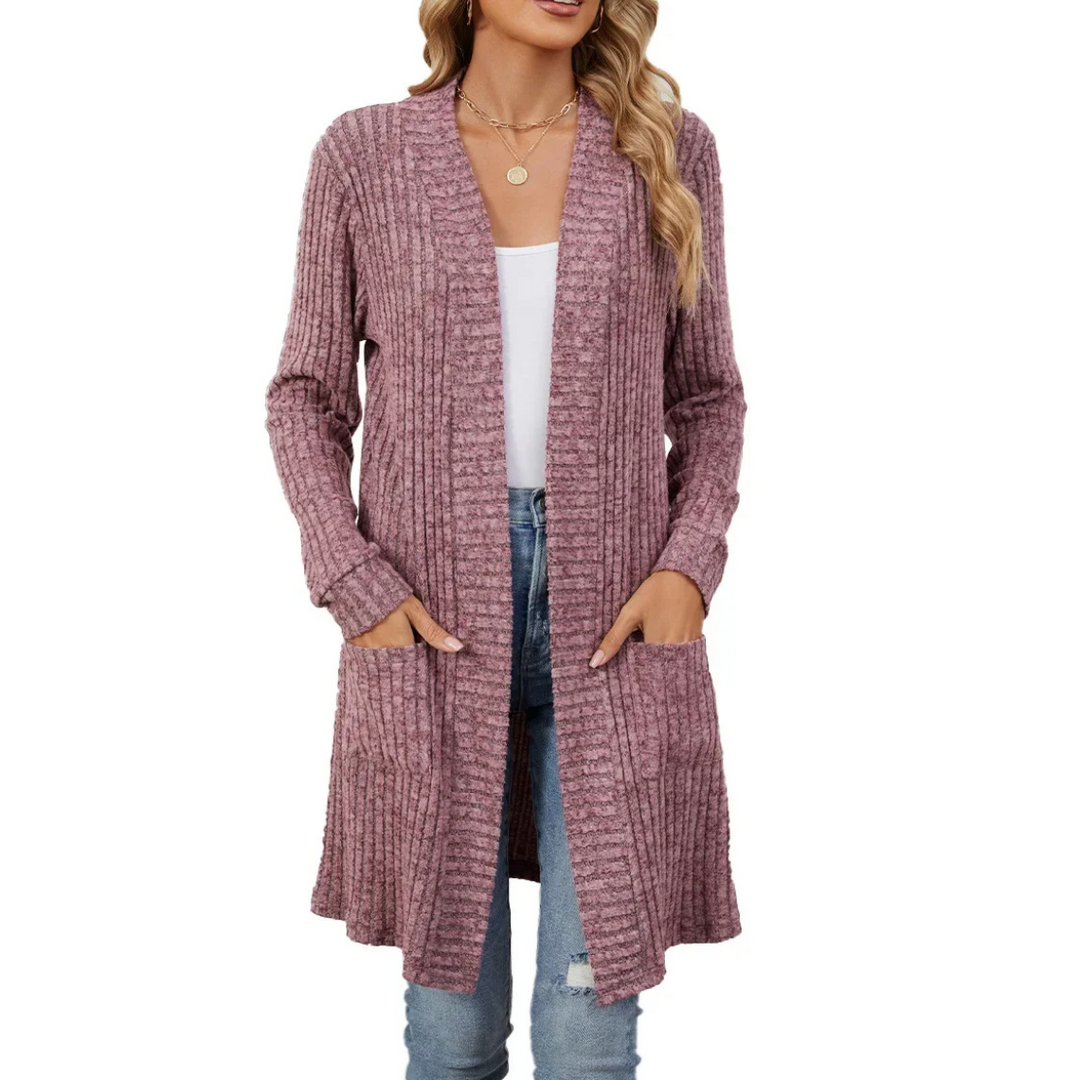 Drune | Lange Strickjacken Damen Gerippte Offene Vorderseite Jacke mit Taschen