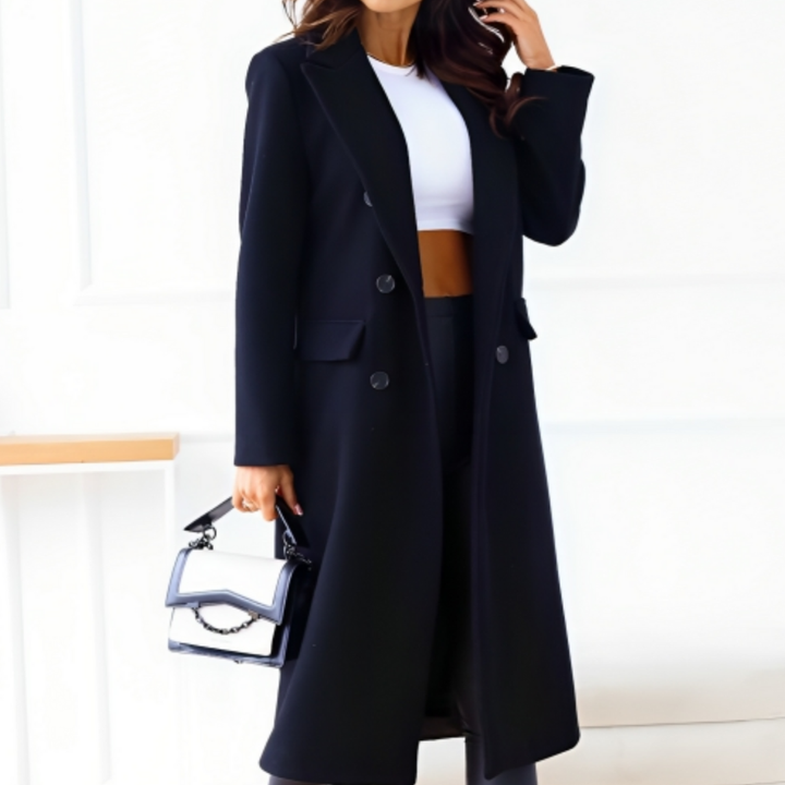 Drune | Langer Mantel Tailored Fit Doppelreiher Breite Revers und Patten Taschen