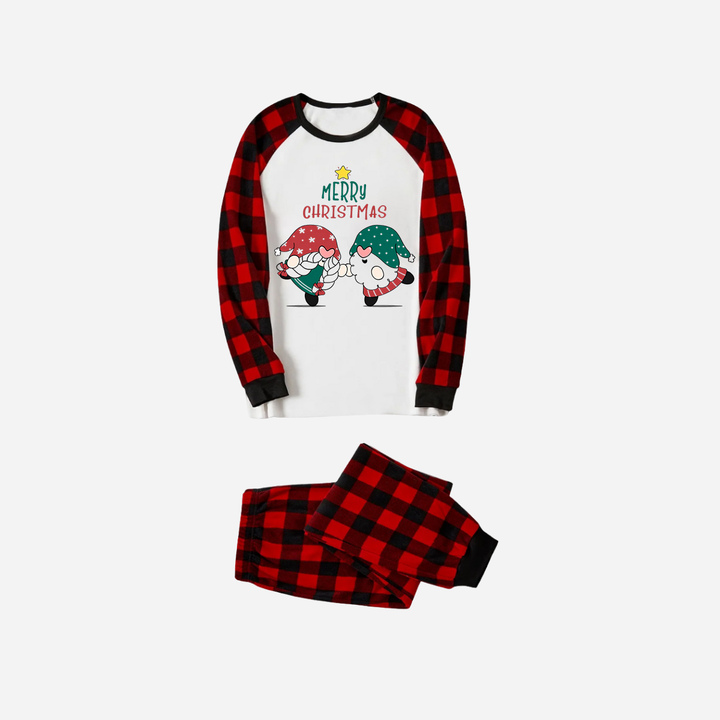 Drune | Rote und schwarze Karierte Weihnachts-Pyjama-Set mit Gnom und Frohe Weihnachten Textdruck