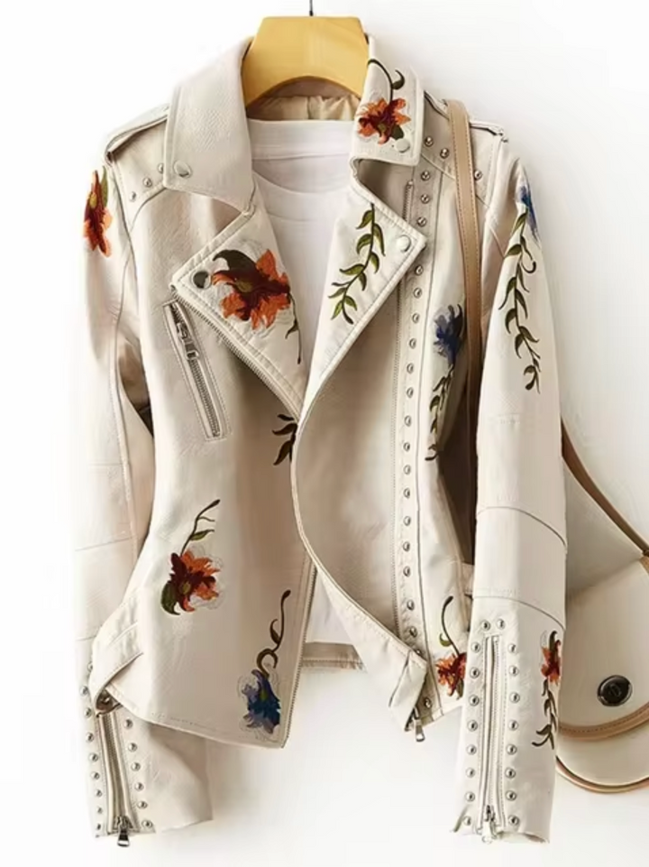 Drune | Lederjacke Taillierte Passform Bestickte Blumen Nieten Biker Stil