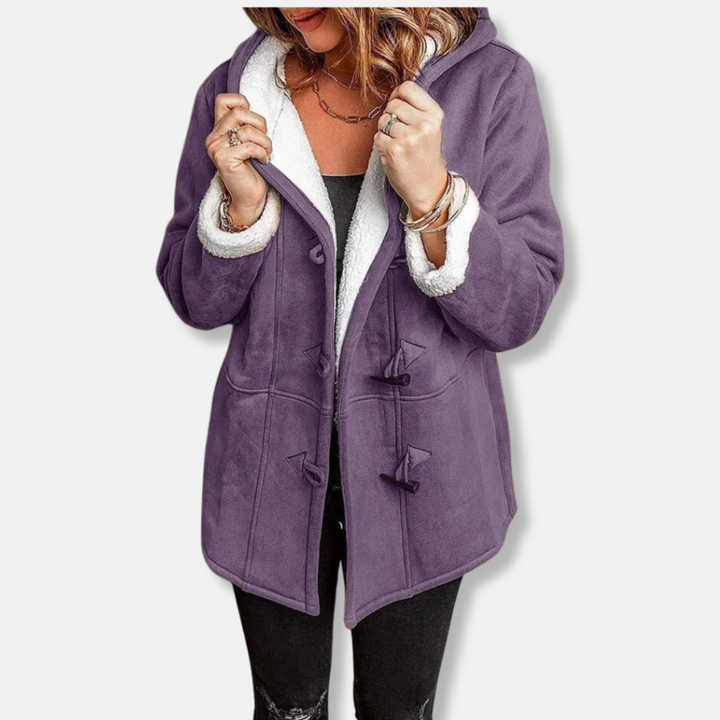Drune | Damen Fleecejacke – Kapuze – Plüschfutter – Lockere Passform – Knopfverschluss – Mittellange