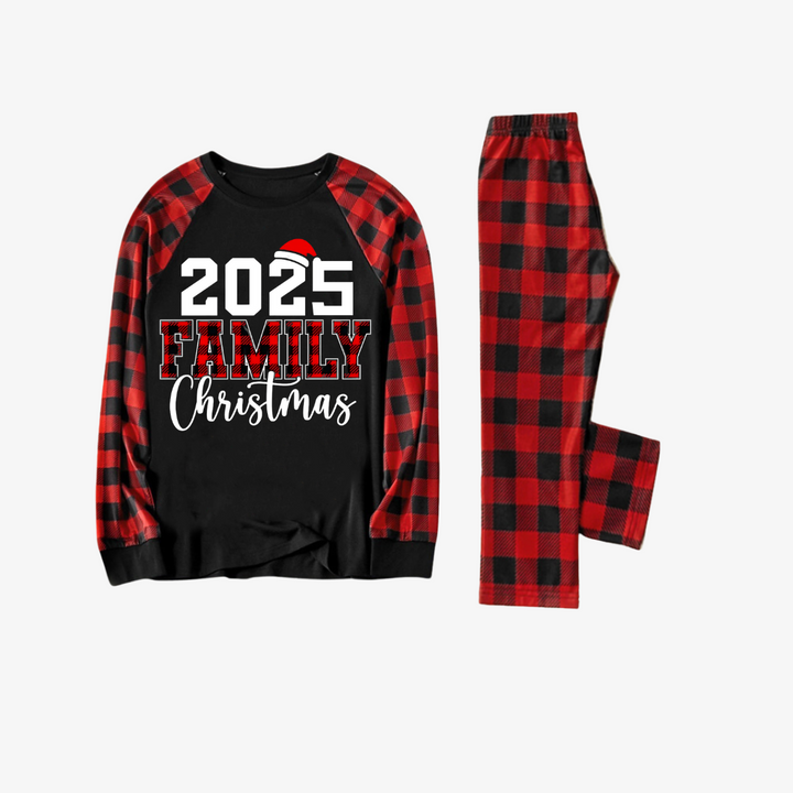 Drune | "2025 Familienweihnachten" Textdruck Schwarz & Rot Karierter Weihnachts-Pyjama Matching
