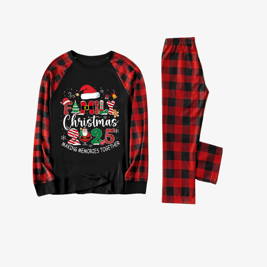 Drune | Rot und Schwarz Karierte Weihnachts-Pyjama-Set mit "Familien-Weihnachten 2025 Gemeinsam Erinnerungen Schaffen" Textdruck
