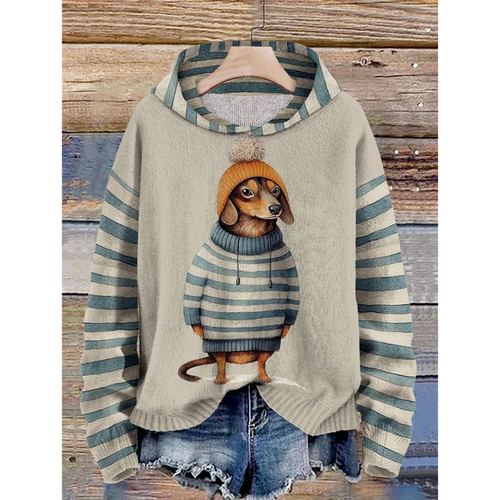 Drune | Damen Relaxed Fit Fleece Gefühl Hund Druck Gestreifte Ärmel