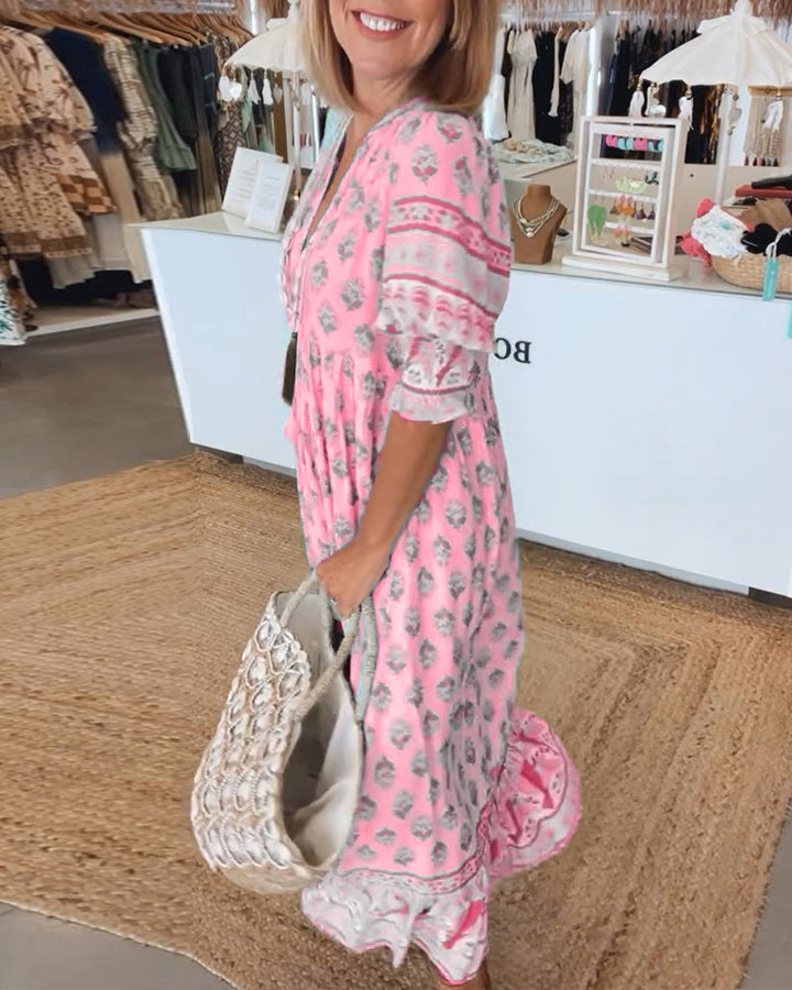 Drune | Lässiges Bedrucktes Kleid mit V-Ausschnitt und Halblangen Ärmeln
