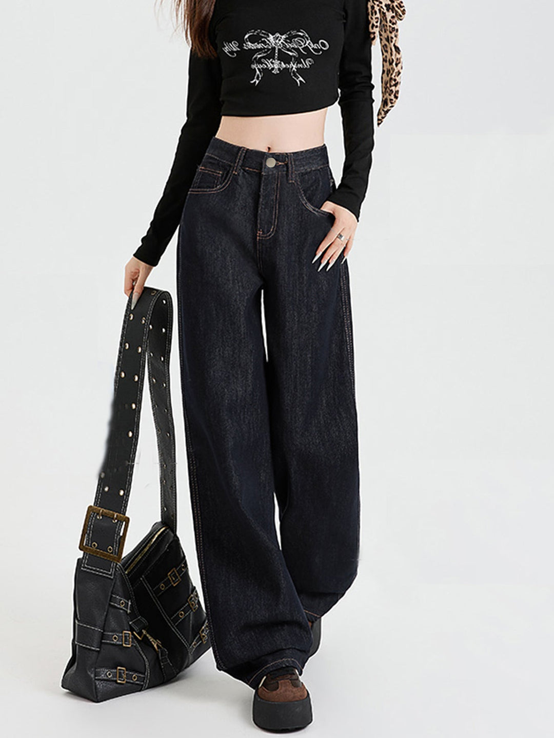 Drune | Lockere Dunkle Hohe Taillen Bodenlange Denim Hose