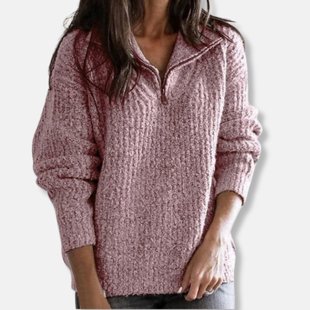 Drune | Geripptes Halb-Reißverschluss-Kragenpullover - Solider Lässiger Schnitt Pullover
