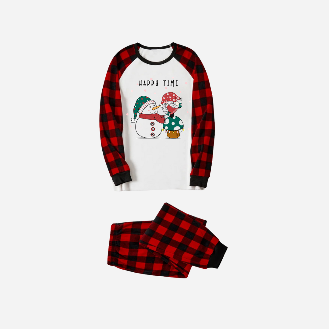 Drune | Rote und Schwarze Karierte Weihnachts-Pyjama-Set mit Schneemann und Gnom und "Happy Time" Textdruck