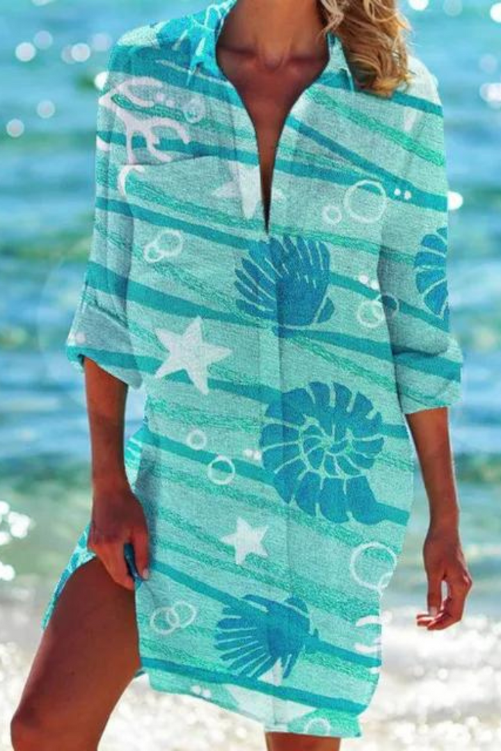 Drune - Lange Strandbluse mit Meeresmotiv