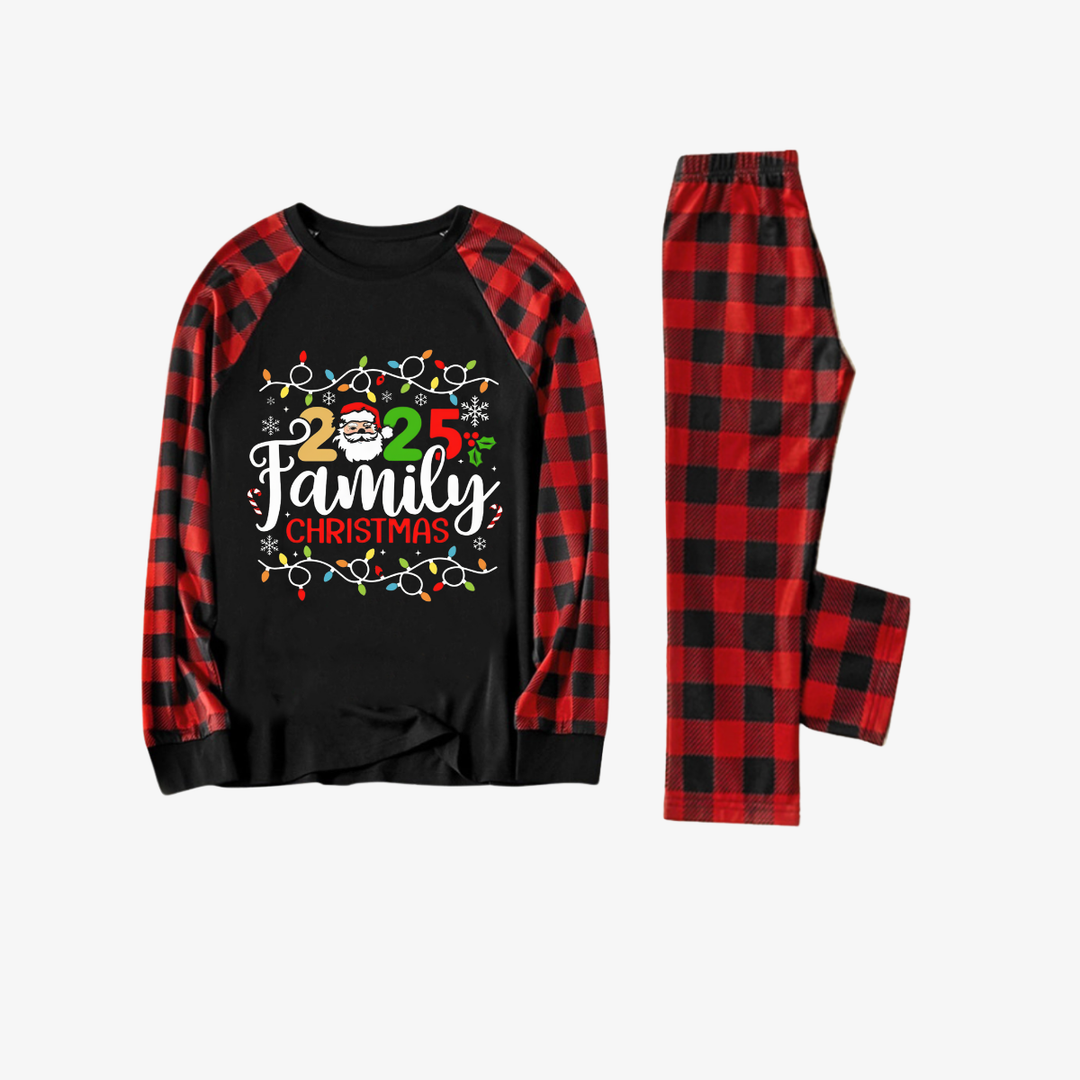 Drune | Rote und schwarze karierte Weihnachts-Pyjama-Set mit Weihnachtslichtern und "2025 Familienweihnachten" Textdruck