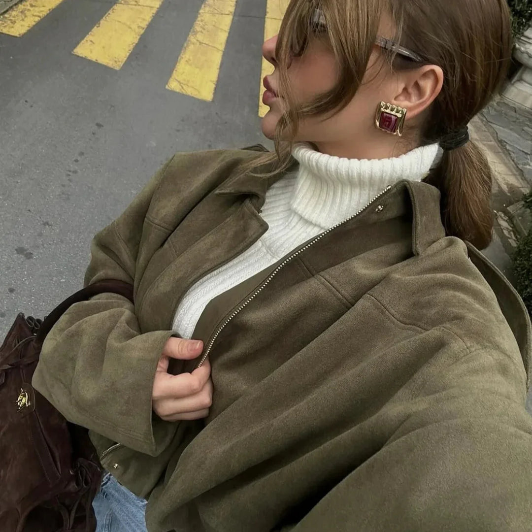 Drune | Überdimensional Jacke - Weiche Wildlederoptik - Voll gefüttert - Khaki
