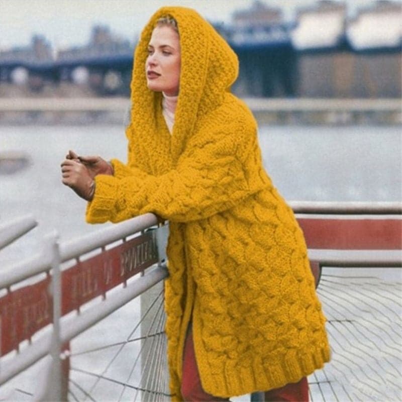 Drune | Langer StrickStrickjacke Grober Kabelstrick Lässige Passform Mit Kapuze
