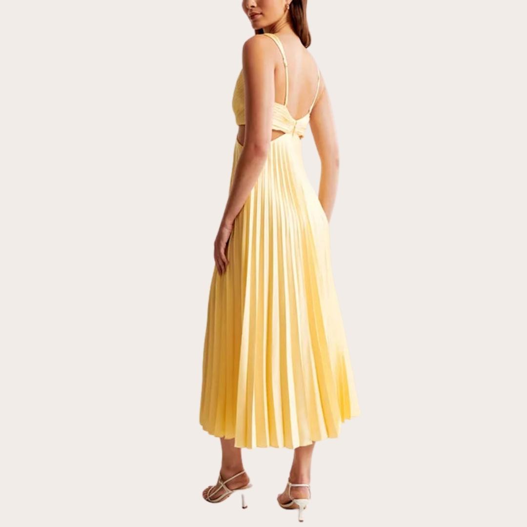 Drune | Midi Kleid Ärmellos V-Ausschnitt Twist Front & Cut Out Detail Plissierter Rock
