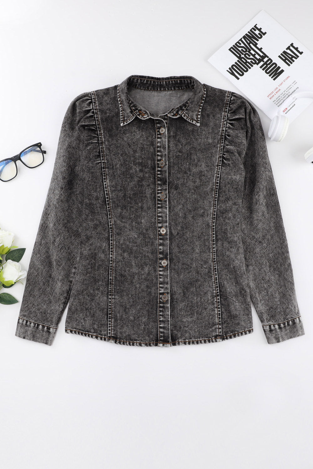 Drune | Denim-bluse mit Puffärmeln Baumwolle Klassischer und Eleganter Stil