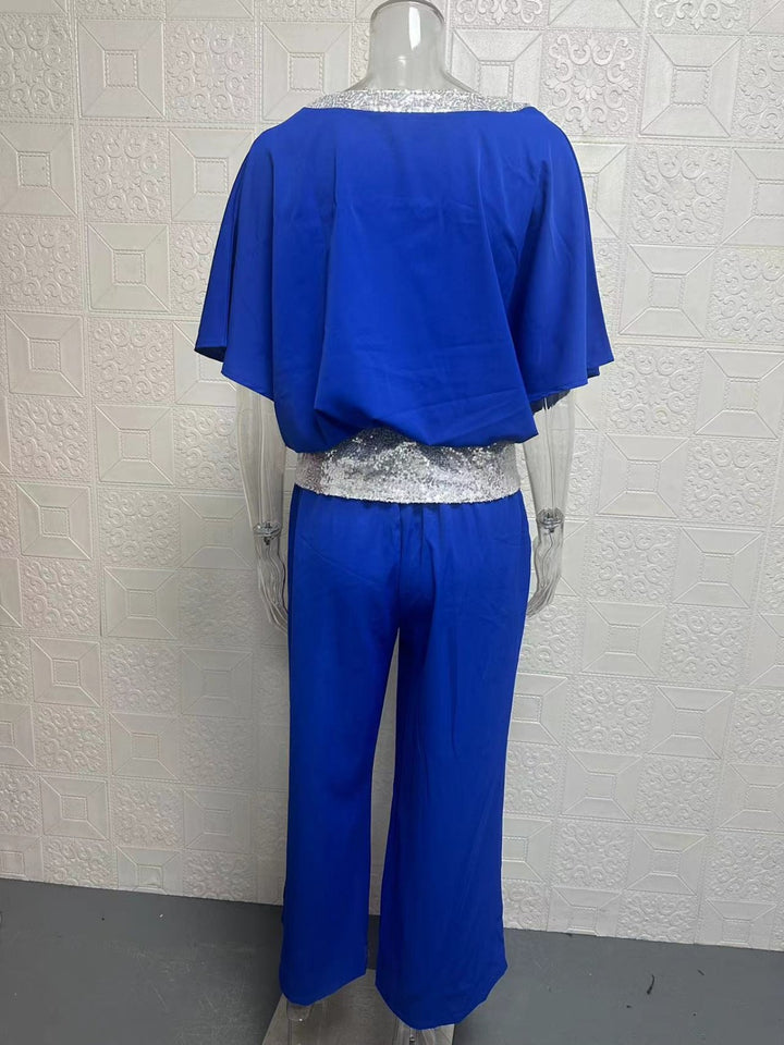 Drune | Rundhalsausschnitt Pailletten Farbe Matching Batman Wide Leg Pants Set