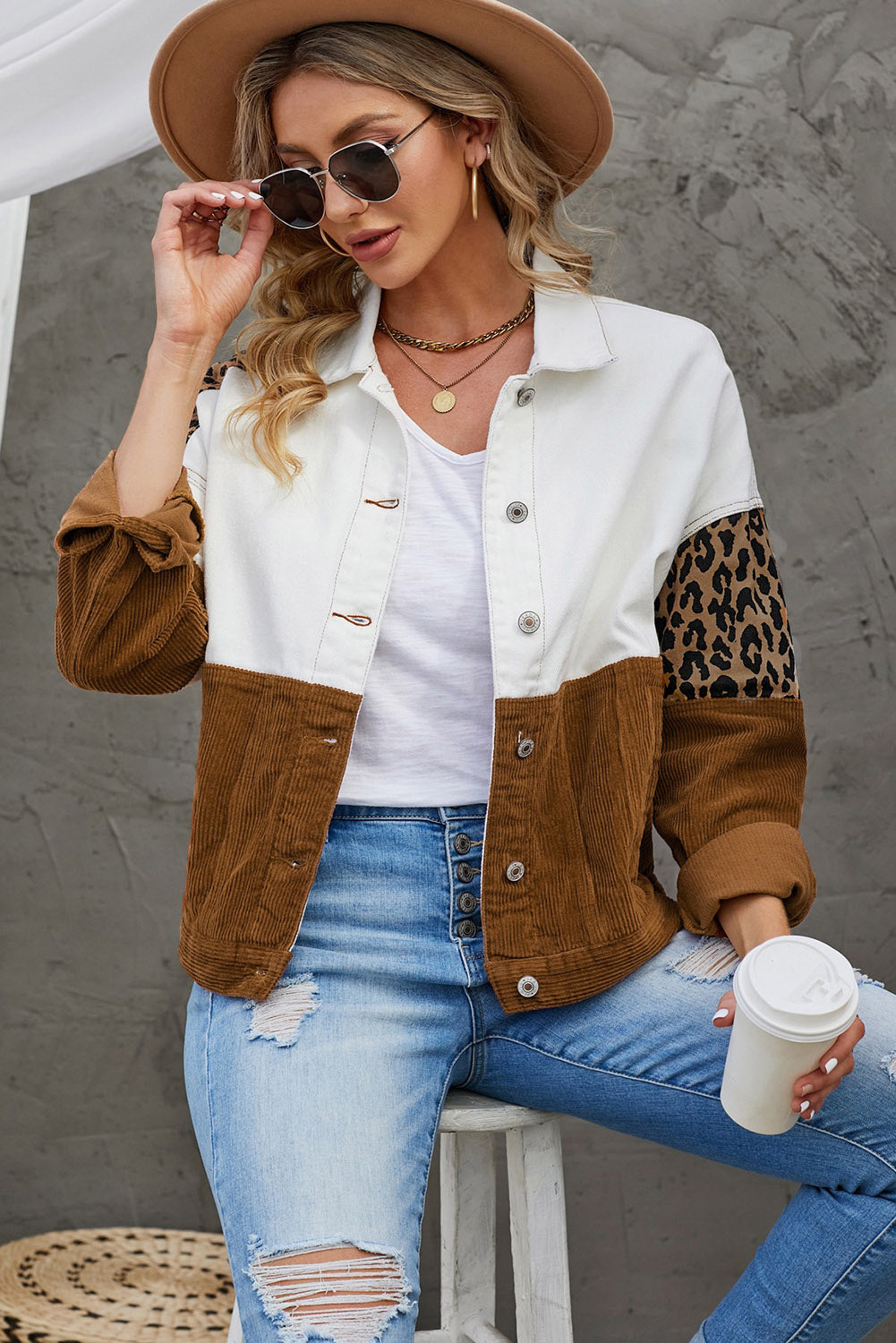 Drune | Leopard Farbblock Knopfleiste Cord Baumwolljacke