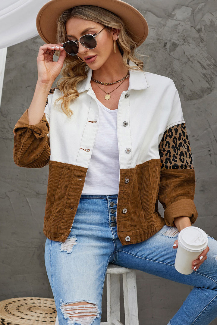 Drune | Leopard Farbblock Knopfleiste Cord Baumwolljacke