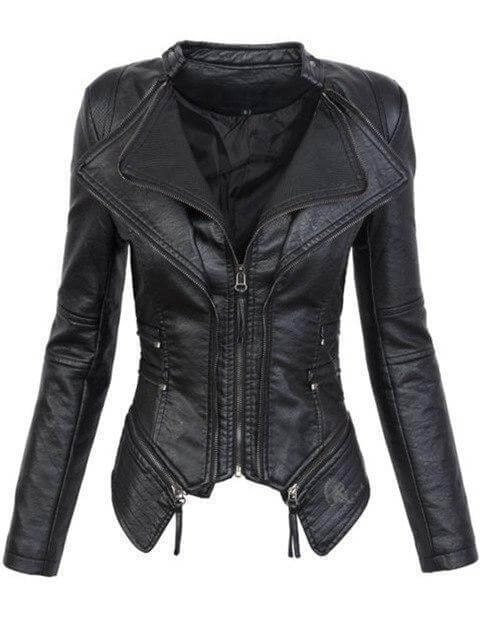 Drune | Damen Schwarze Asymmetrische PU-Leder Bikerjacke