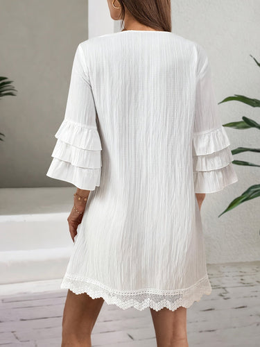 Drune | Damenkleid mit Stickerei und Pompons 3/4 Ärmel Weiß