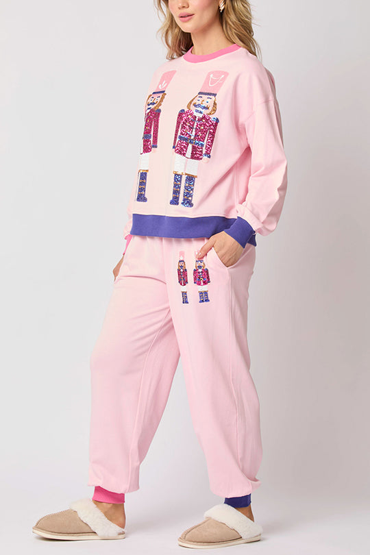 Drune | Weihnachtsmann Pailletten Freizeit Sweatshirt und elastische Taillen lockere Taschenhose Set
