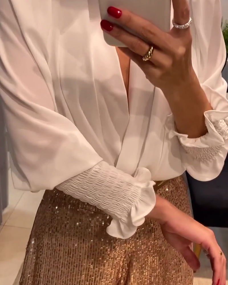 Drune | Elegante Einfarbige Bluse mit V-Ausschnitt und Laternenärmeln