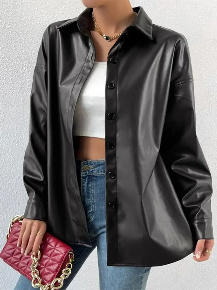 Drune | Vintage leather bomber jacket with lapel collar and button closure